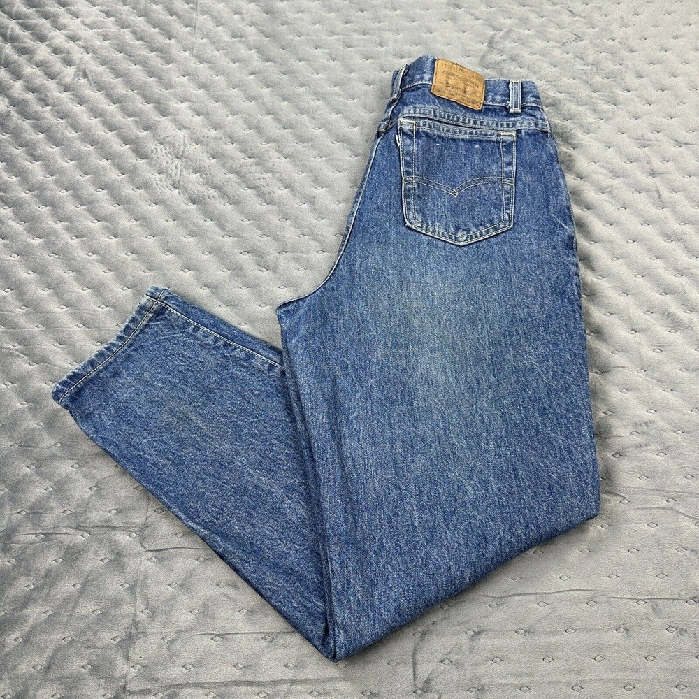 VINTAGE Levis Jeans Womens 28X30 Aged Blue Denim Wide Leg White Tab Tapered 80s